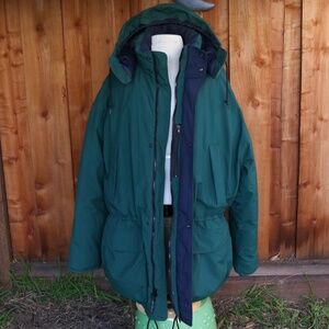 Eddie Bauer Green / Blue Hooded 100% Goose Down Jacket with Navy Lining